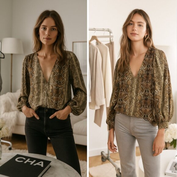 Adrienne Snake Print Peasant Balloon Sleeve V-Neck Women's Boho Blouse Medium - Picture 1 of 13